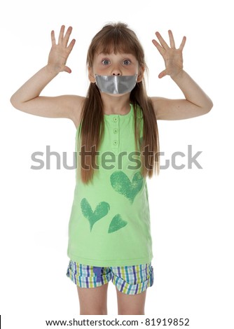 Young Girl Standing, Mouth Covered With Duct Tape, On White Background ...