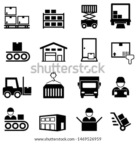 Logistics, warehouse, distribution center, delivery and shipping web line icon set