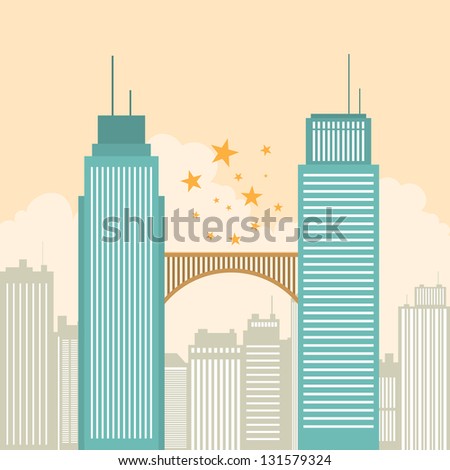 Vector illustration of two office tower buildings connected by a bridge.