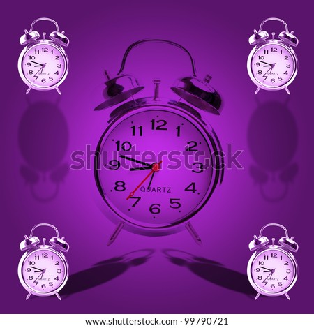 view of some old alarm clocks on purple background. square composition.