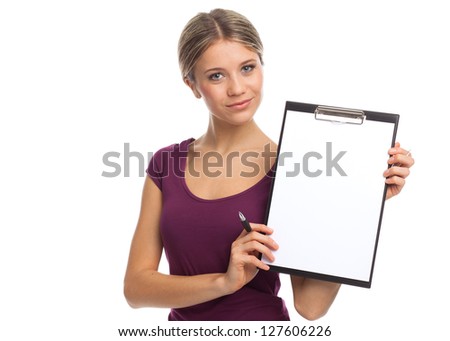 Young woman showing blank white paper, on white