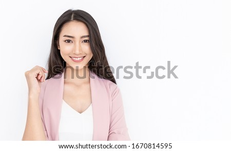 Portrait smile confident asian business designer woman pink suit office. Asian business girl Startup successful power business leader women executive people looking camera copyspace isolated on white