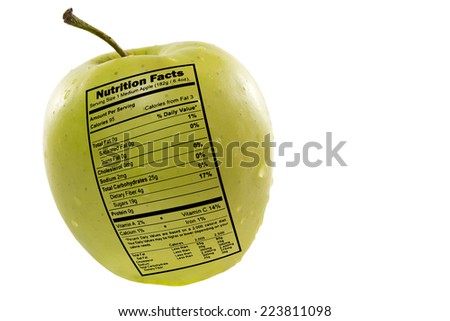Green apple with nutrition facts label