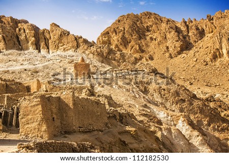 Ruins of old houses in village Chebika, mountain oasis, Tunisia, Africa