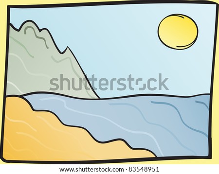 Sea, beach and mountain landscape with frame