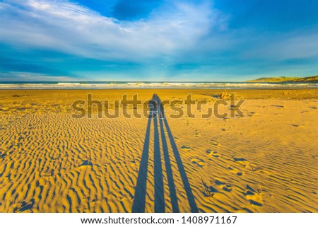 Similar – Image, Stock Photo Two long shadows on asphalt path along a lake shore