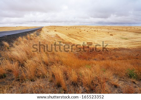 Big highway among autumn fields after harvesting. The cloudy sky and the big stacks of wheat