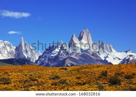 The magnificent mountain range - Mount Fitzroy in Patagonia, Argentina. Summer sunny noon