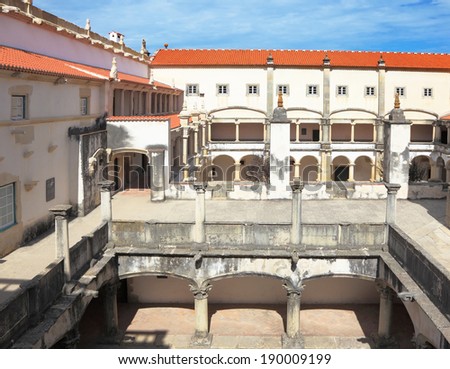Courtyard, patio, surrounded by a gallery. The imposing medieval castle of the Knights Templar