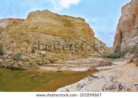 Picturesque valley in the desert. Ein Avdat Canyon, the route start