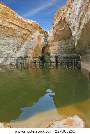 Unique canyon En-Avdat in the Negev desert. Sandstone canyon walls form round bowl. Bowl waterfall reflects the sky