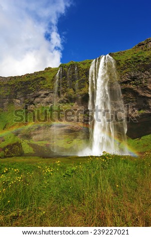 Sunny day in July. Seljalandsfoss waterfall in Iceland. Large rainbow decorates a drop of water
