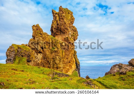 Magnificent Iceland. The picturesque rocks covered with a green and yellow moss. Northern coast of Atlantic