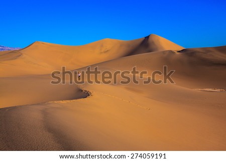 Sunrise in the orange sands of the desert Mesquite Flat, USA. Middle-aged woman - photographer in a striped T-shirt among the sand dunes photographed with a tripod