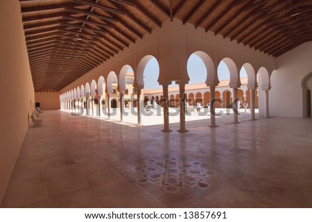 A court yard in the Spanish style, decorated by gallery, columns and fountains