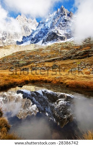 The Small pool reflecting huge mountain in a snow