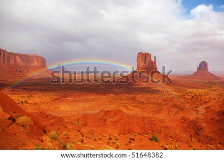 Magnificent rainbow in Monuments Valley  in reservation of Indians Navajo