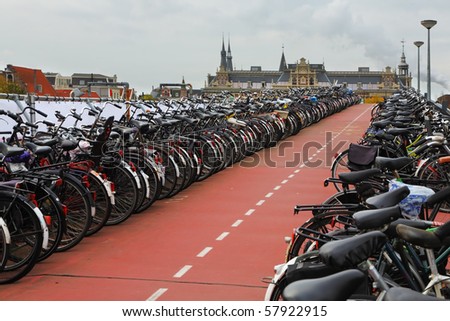 The very long bike parking in Amsterdam near the city railway station