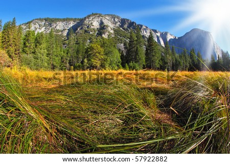 Grandiose landscape in a valley world-wide well-known Yosemite park. Sunrise, autumn
