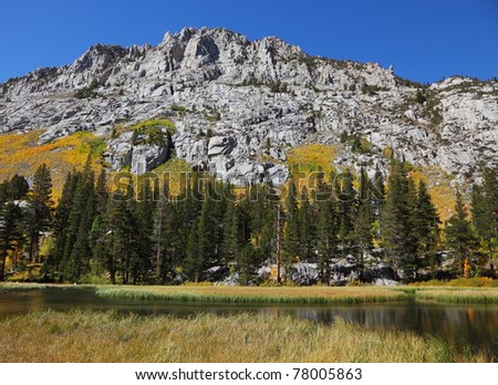 Yellow, green and orange colors of autumn. Lake in the mountains with grassy banks