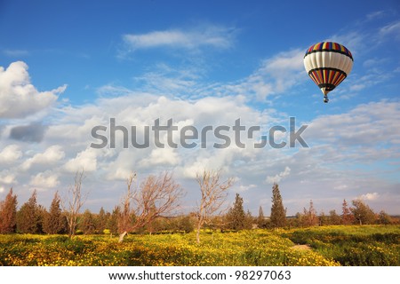 A huge balloon over the blossoming field. Scenic cumulus clouds. Sunset