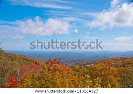 Fall foliage, North Carolina. A scenic overlook on the Blue Ridge Parkway with colorful Fall foliage.