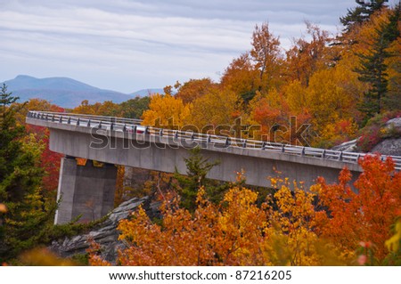 Linn Cove Viaduct, North Carolina. Colorful autumn foliage  surrounds this architectural masterpiece on the Blue Ridge Parkway near Grandfather Mountain.