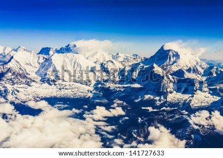 Himalaya Everest range view from mountain flight with Mt Everest and Makalu