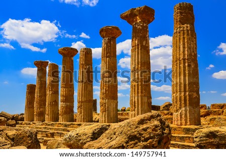 Stone columns of temple ruins in Agrigento, Sicily, Italy