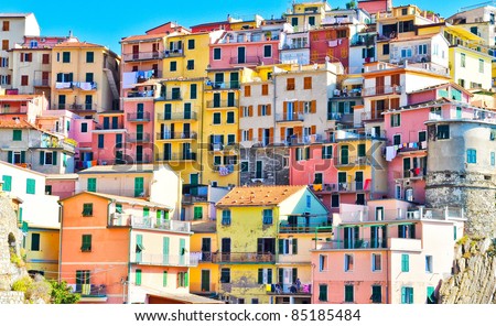 Scenic view of colorful houses in Cinque terre village Riomaggiore/Manarola