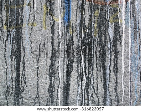 Spilled,dripping white,  black,  red,  yellow and blue paint on a grey wall-abstract art background