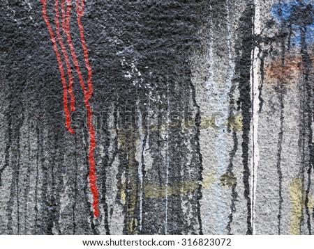 Spilled,dripping white,  black,  red,  yellow and blue paint on a grey wall-abstract art background