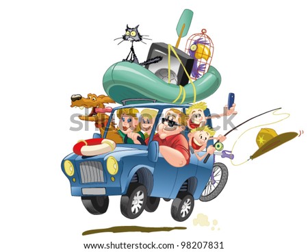 happy family goes on holiday by car with luggage