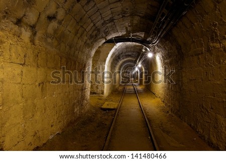 Mining tunnel with lights and rails