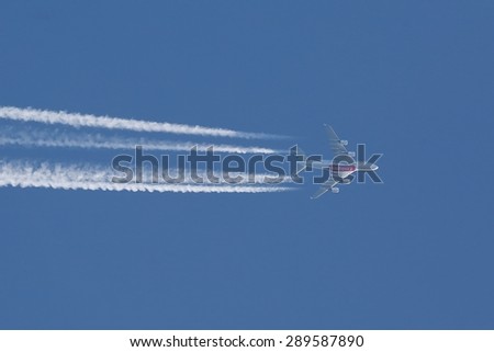 TISZAFURED, HUNGARY - MAY 18: Emirates Airbus A380 passing overhead on route from London to Dubai, MAY 18th 2015. Emiratest is the biggest operator of A380s.