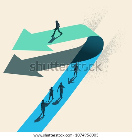 A Change of Direction. A businessman choosing to walk in the opposite direction to other people on top of a arrow. Business conceptual vector illustration.