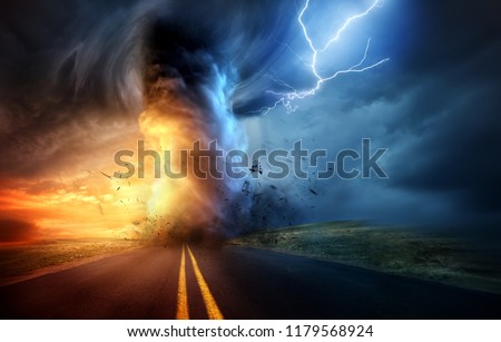 A dramatic storm at sunset producing a powerful tornado twisting through the countryside with sheet lightning. Landscape mixed media illustration. Foto stock © 