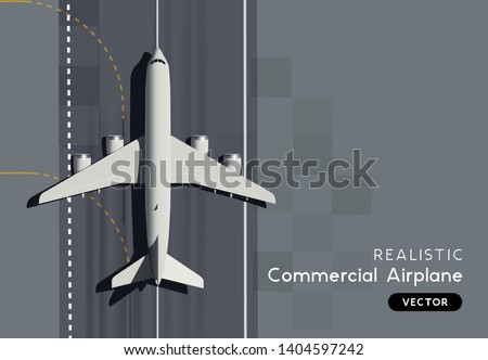 A commercial airplance landing. Realistic jet - top aerial view vector illustration