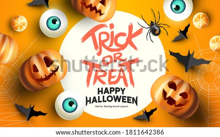 Spooky and fun happy halloween event mockup design background. including bats, sweets, and grinning jack o lantern pumpkins. Vector illustration.