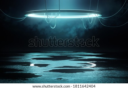 Illuminated Stage platform and lighting concept with a circular loop light and reflective flooring with wet puddles. 3D illustration.