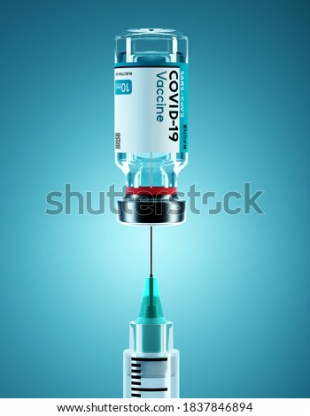 SARS - CoV2 Vaccine concept. A medical needle entering into a glass vial of COVID-19 Vaccine. Medical research 3D illustration.