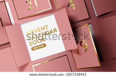 Christmas advent calendar door opening to reveal a message. Realistic festive vector illustration.