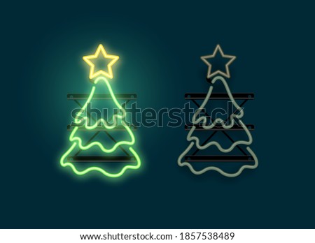 Glowing neon christmas tree sign lgiht with on and off versions. Vector illustration