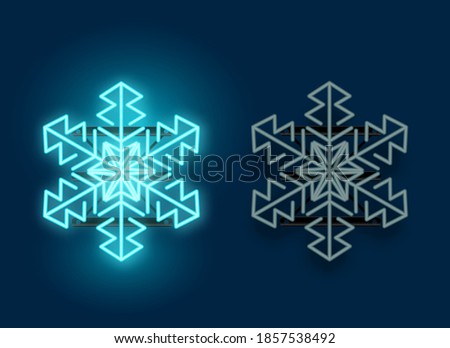 A neon glowing blue snowflake light with on and off version of the lamp. Christmas vector illustration.