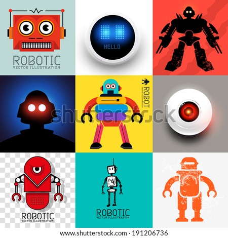 Vector Robot Collection. Set of various robots and android symbols, vector illustration.
