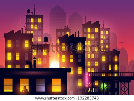 Sunset Over The City. Lights from city apartments add to the summer dusk city glow. Vector illustration.