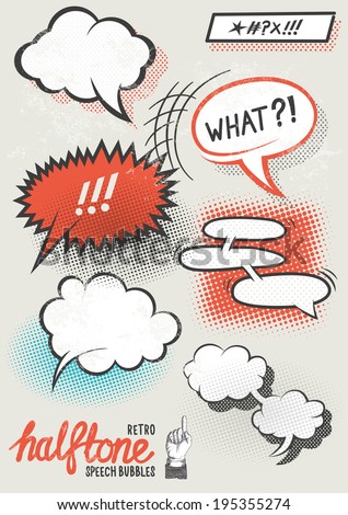 Vector Halftone Speech Bubbles. Halftone pattern speech bubbles for designs. Layered vector illustration.