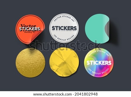 A set of blank round adhesive paper stickers in various states and colours. Isolated label collection vector illustration.