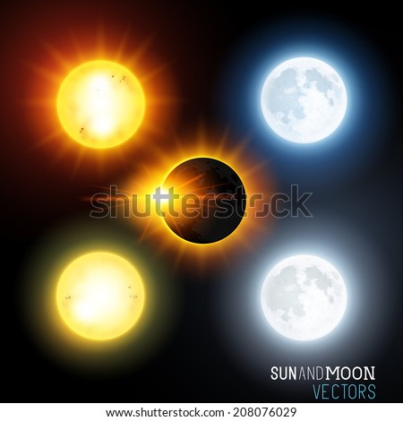 Sun and moon Vector Set. Various vector suns and moons including an eclipse. Vector illustration
