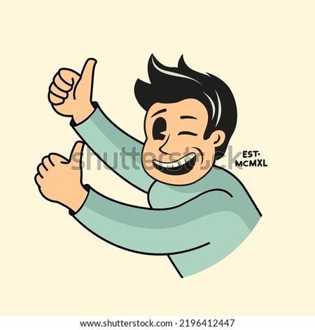 Vintage male character with two thumbs up and winking. Vector illustration